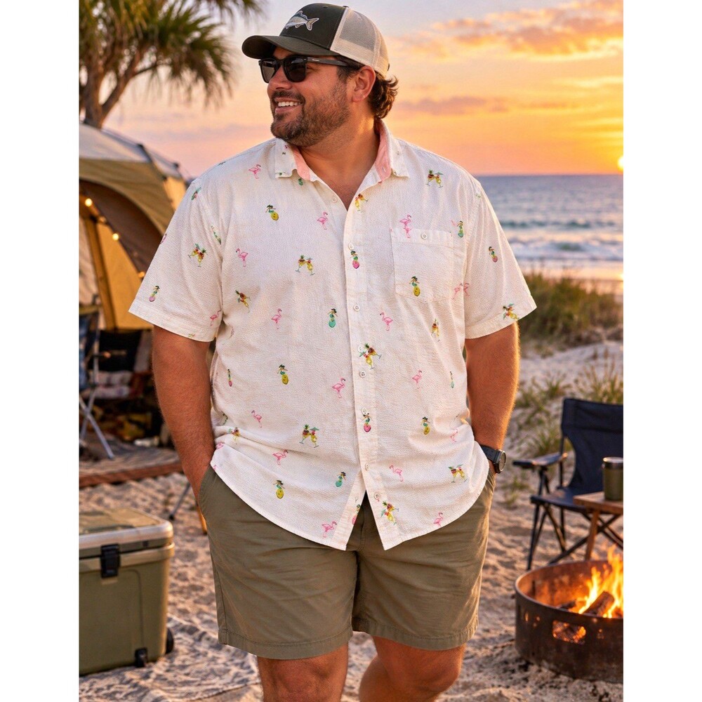 Tommy Bahama Nova Wave Shirt Mens 3XLB Seersucker Flamingo Cocktails Hula White